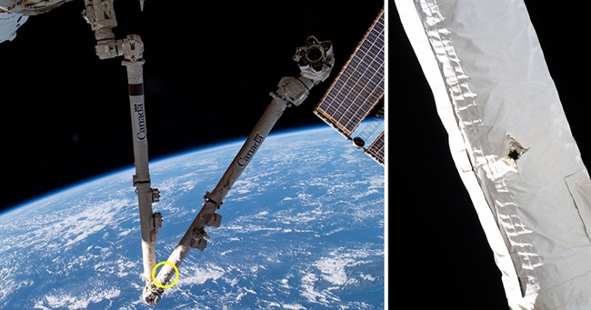 بازوی رباتیک ایستگاه فضایی بین‌المللی در برخورد با یک زباله فضایی آسیب دید